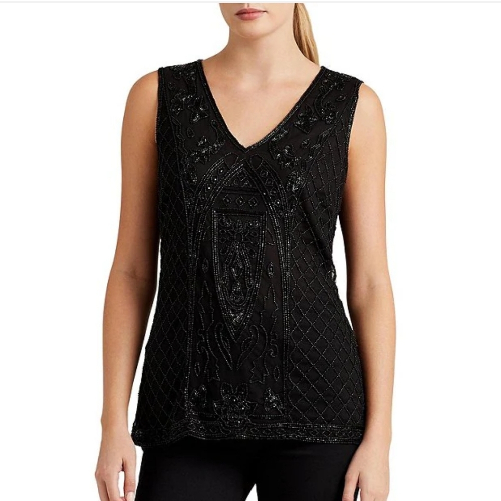 Lauren Ralph Lauren Beaded Tulle V-Neck Sleeveless Blouse